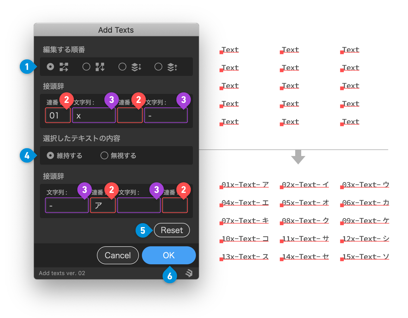 テキストに指定した文字や連番を追加する Add Texts 3flab Illustrator Scripts